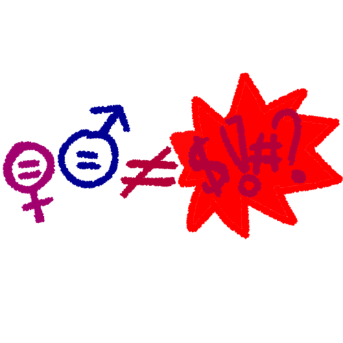 on the left, a venus symbol with an equal sign in the circle and a mars symbol with an equal sign in the circle are side by side. on the right there is a bright  spiky red bubble with a dollar sign, an exclamation mark, a hashtag, and a question mark inside. Between the venus and mars symbols and the red spiky bubble, a dark red unequal sign is present to show that those two things aren't the same.